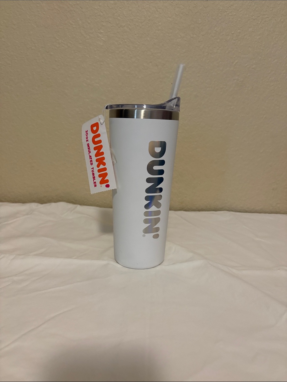 Dunkin' 20 oz Stainless Steel Insulated Tumbler White Logo Twist Lid & Straw NWT